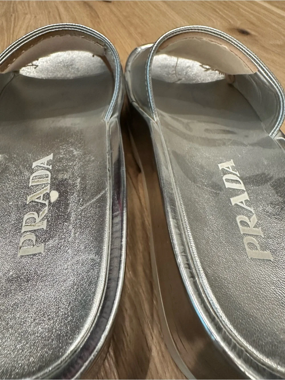 Prada Metallic Silver Saffiano Leather Slide Sandals